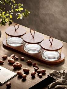 一套全新的中式实木玻璃坚果碟，配有带盖网格零食储物罐和木托盘 - 棕色 - 查看 4