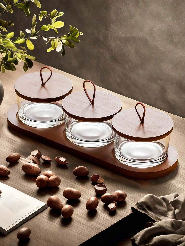 A New Set Of Chinese-Style Solid Wood And Glass Nut Dishes With A Covered Grid Snack Storage Jar, Paired With A Wooden Tray - Brown - View 4