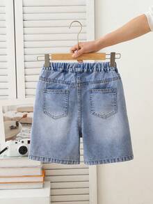 Tween Boy Back-To-School Summer Casual School Aqua Blue Denim Bermuda Shorts,Elastic Waist Drawstring Washed Straight Loose Fit Daily Wear Holiday - Medium Wash - View 2