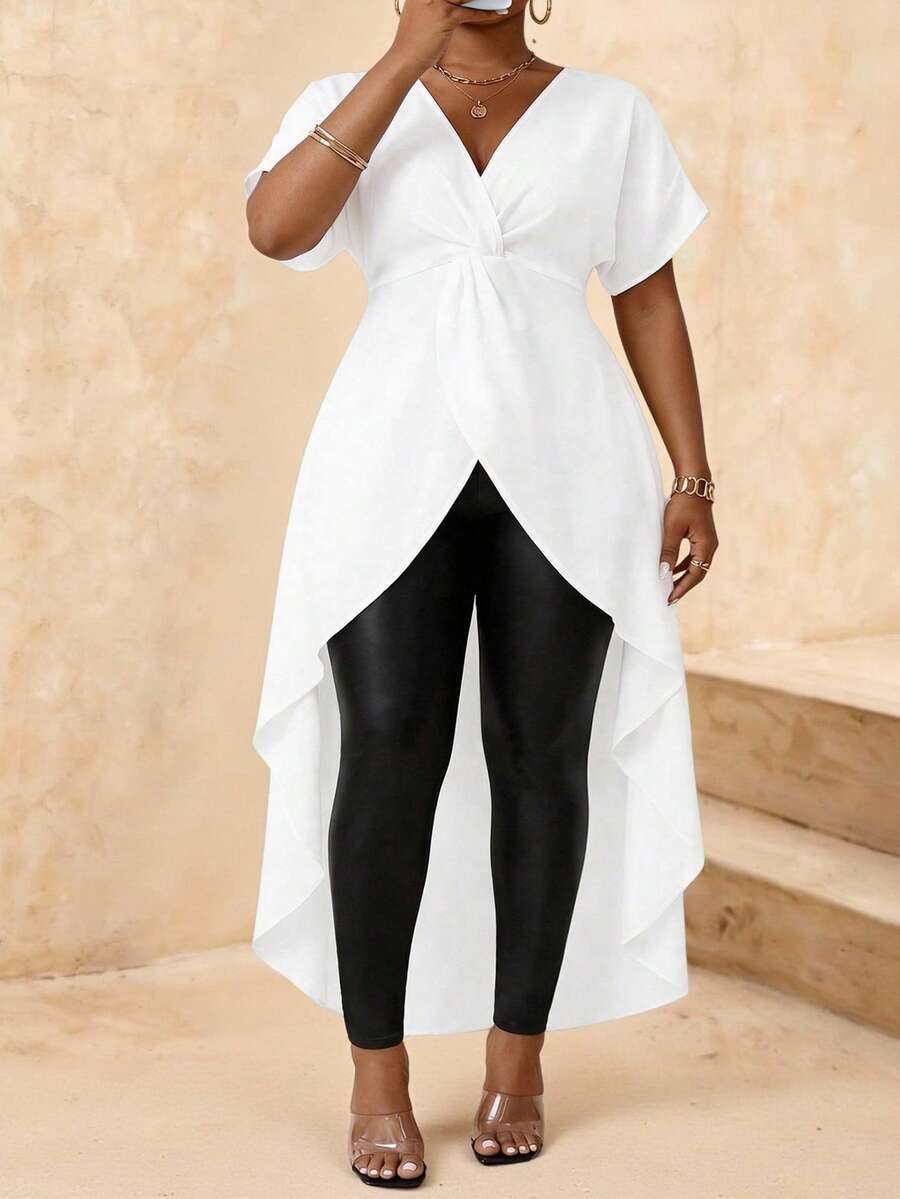 Villa Velisse Plus Size V-Neck Ruched Waist Asymmetrical Hem Fashionable Blouse - White - View 1