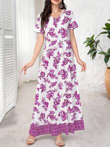 Lacomfia 女士优雅V领短袖印花针织连衣裙，可作外衣或内搭/工作服穿着，适合约会、度假、日常穿着、休闲、派对、节日等场合，春夏女士长款连衣裙，印花长款连衣裙/复古连衣裙，植物印花连衣裙，白色连衣裙 - 白色 - 查看 4