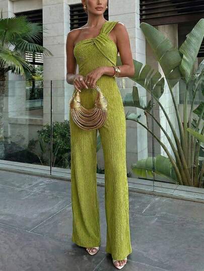 Firerie Tuta intera da donna in tessuto lavorato a maglia tinta unita, design asimmetrico con nodo, gamba dritta