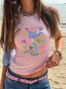 INAWLY Y2K 夏季假期海洋生物撞色印花女式T恤图案上衣 - 粉色 - 查看 3