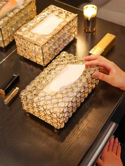 1pc Modern Metal And Crystal Tissue Box - Elegant Tissue Storage Box Metal High-End Luxury Tissue Napkin Holder, Tissue Storage Box For Bathroom Living Room Bedroom, Suitable For Home Centerpieces, Living Room Dining Table Desktop Tissue Box, Thanksgiving, Valentine's Day Home Decoration Perfect Gift