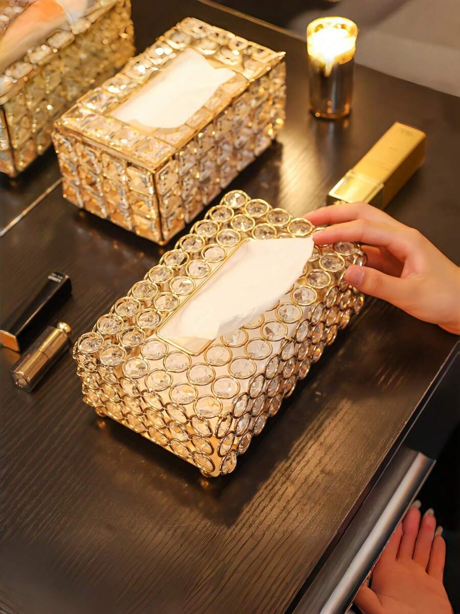 1个现代金属水晶纸巾盒 - 优雅纸巾收纳盒,高端奢华金属纸巾架,适用于浴室、客厅、卧室,可作家居摆件,客厅餐桌桌面纸巾盒,感恩节、情人节家居装饰完美礼物 - 金色 - 查看 1