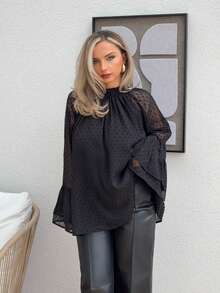 Jeta Ari Women's Long-Sleeved Blouse With Wide-Sleeved Ruffles And Lace Details, Elegant, Retro, And Romantic Embroidered Details,Polka Dot Wide-Sleeved Blouse With Ruffles,Autumn/Winter Women's Clothing,Autumn Top,Women's Business Casual Wear. - Black - View 4