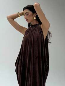 Aloruh Women's Elegant Summer Dark Brown Maxi Dress,Solid Color Loose Floor Length Vacation Outfits,Formal Wedding Guest Graduation Party Dining Dress,Y2K - Coffee - View 2
