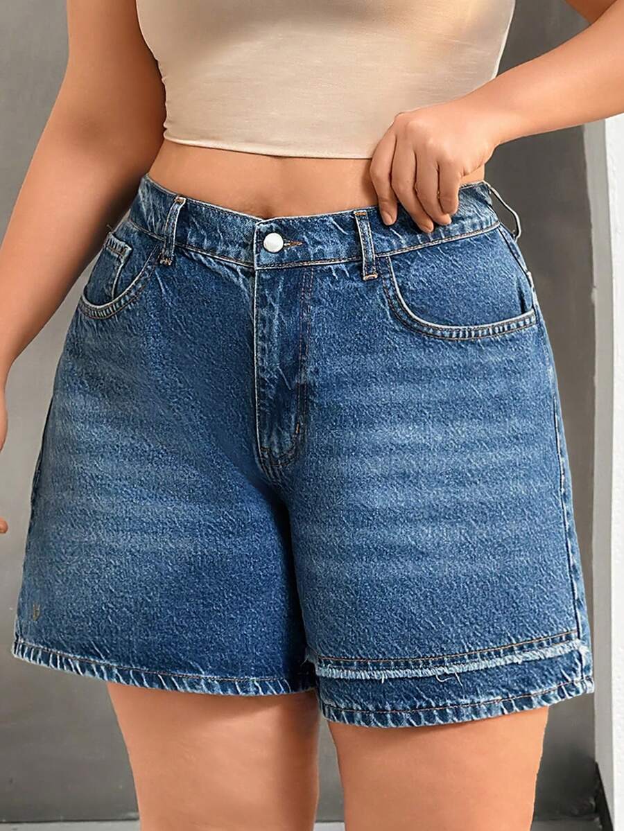 SHEIN Women Washed Detail High-Rise Plus Size Elastic Waist Denim Shorts - Navy Blue - View 1