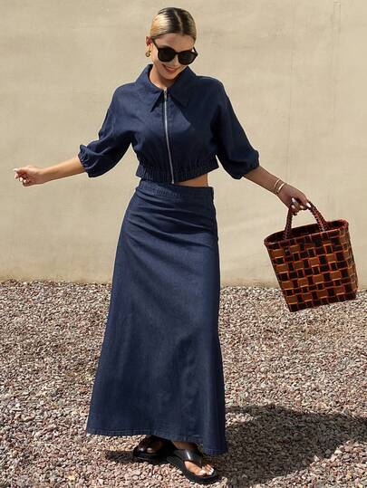 Livesso Set di abbigliamento in denim da donna composto da giacca casual in denim lavato vintage, camicia e gonna a-line, adatto per l'estate e l'autunno