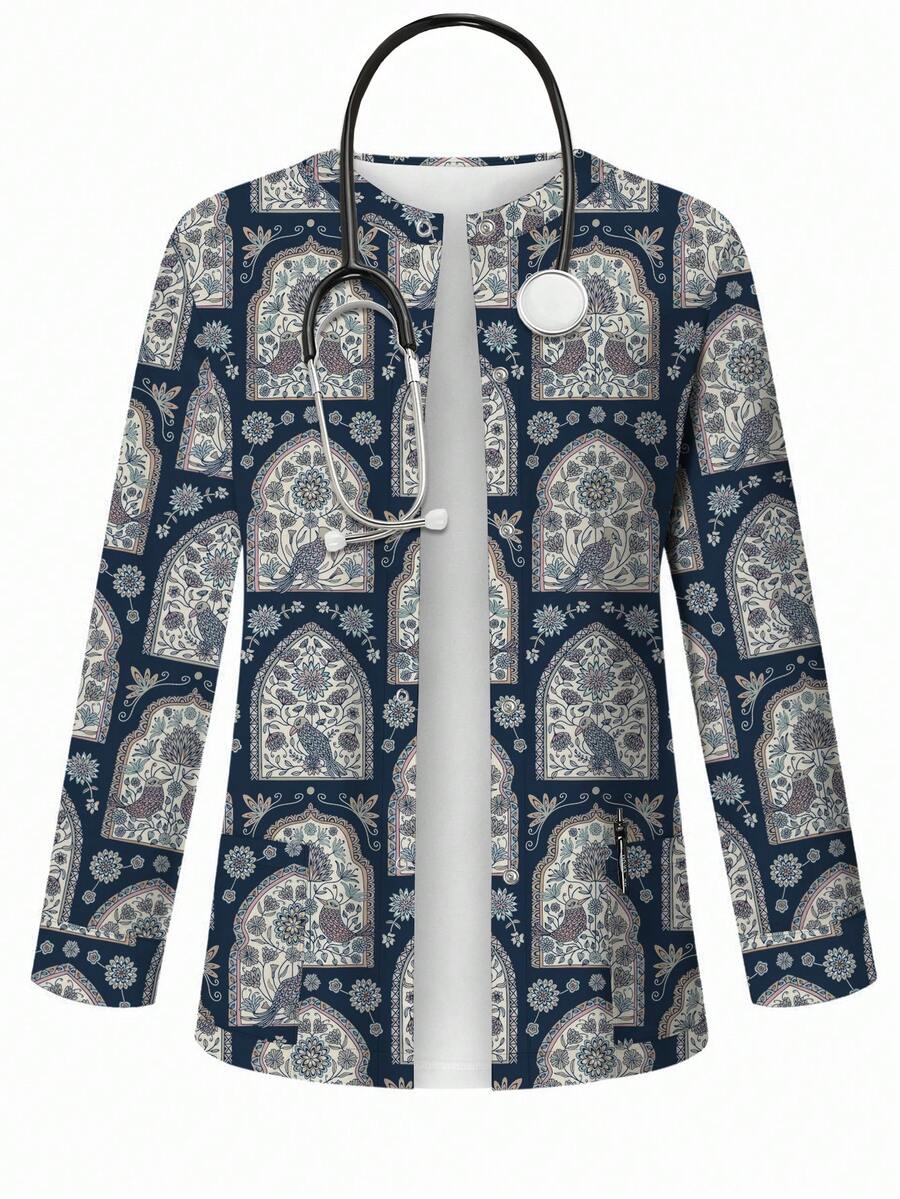 PopScrub Mandala,Floral & Bird Cartoon Print Scrub Jacket For Women,Navy Blue Rennaissance Retro Cardigan Nurse Scrub Uniform Top,Work Fashion Spring Jacket - Multicolor - View 1