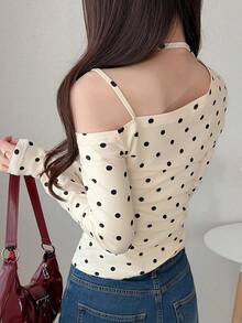 FRIFUL Áo thun nữ tay dài cổ xéo, vạt không đối xứng, chấm bi, dây rút vai, dáng ôm vừa vặn, thích hợp cho mùa thu hè. - trắng - Xem 2