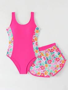 SHEIN Setelan Baju Renang Terusan dan Celana Pendek Motif Bunga Kecil Warna Pink untuk Remaja Perempuan, Baju Renang Liburan Pantai Musim Panas, 2 Potong - Berwarna merah muda - View 3