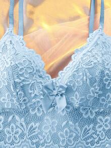 DelicateAllure Sexy Backless Lace Hollow-Out Patchwork Satin Slip Dress For Women - Baby Blue - View 3