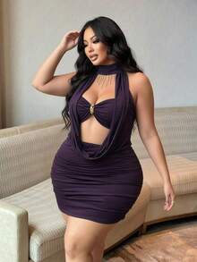 NU&NOW 大码女式夏季紧身性感网纱连衣裙，垂褶领口，紫色露背派对夜店连衣裙 - 紫色 - 查看 5