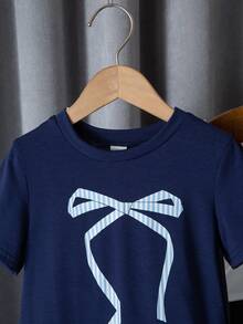 Young Girl Patchwork Striped Bow Decor Short Sleeve Cute Dress - Blue - View 3