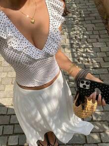 Sunnyshic 女士波点深V领褶皱胸部露脐休闲度假衬衫 - 黑與白 - 查看 1