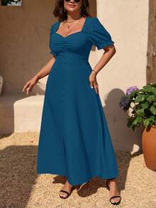 Auvina Plus Size Women's Solid Color Sweetheart Neck Short Sleeve Elegant Dress - Teal Blue - View 5