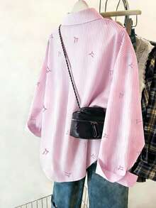 Resyla 女士条纹蝴蝶结印花，甜美可爱风格，清新轻盈设计，宽松长袖休闲双面衬衫，送给闺蜜/女朋友的绝佳礼物 - 彩色 - 查看 2