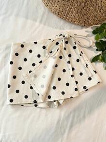 SHEIN Comfortcana Women's Summer Casual Vacation Style Polka Dot Print Wrap Tie Denim Skort - Beige - View 3