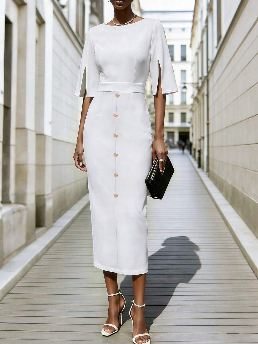 EMERY ROSE 女士时尚五袖开衩腰部纽扣优雅修身连衣裙，适合日常、度假、外出、派对、春夏穿着 - 白色 - 查看 1