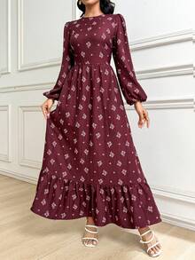 Veilorie Women's Floral Pattern Round Neck Lantern Sleeve Elegant Modest Dress Tea Party Day Party Burgundy Autumn - Multicolor - View 6