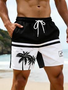 Manfinity Swimmode Men's Black Summer Casual Beach Holiday Vacation Printed Shorts,Elastic Waist Drawstring Tropical Swim Trunks,Outdoor Sports Bathing Suits Board Wear - Multicolor - View 4