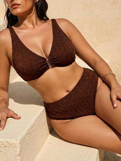 Swim Chiccia Plus Size Women's Brown U-Neck Strap Top And High Waist Pants Elegant Minimalist Swimsuit 2 Pieces Set