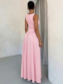 SHEIN BAE Women's Elegant Solid Brown Dress With Wide Collar And Flared Skirt, Suitable For Spring And Summer,Summer Dresses For Women - Coral Pink - View 2
