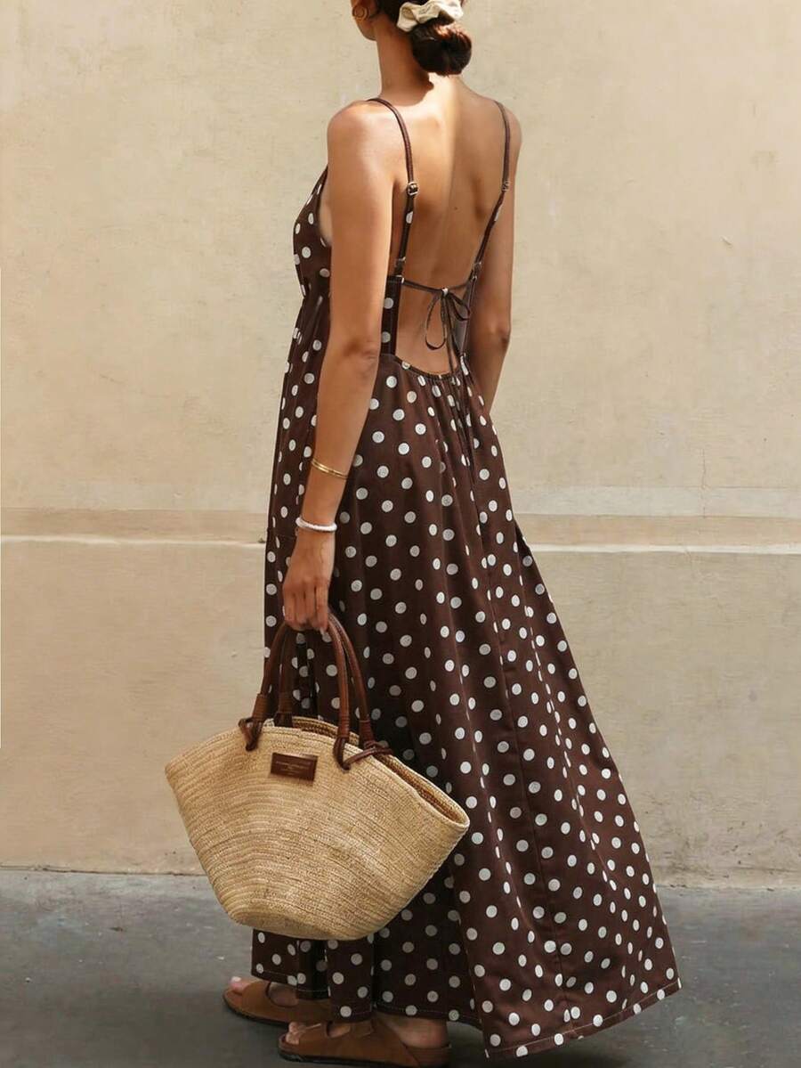 Cévolie 新款女士长款连衣裙，春夏款，复古法式波点印花连衣裙，性感露背长款连衣裙，适合度假、海滩漫步、派对、婚礼等场合。休闲波点印花长款连衣裙，咖啡色，飘逸长款连衣裙，性感露背长款连衣裙，适合度假、海滩、派对、婚礼等场合。 - 咖啡 - 查看 1