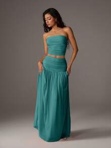 SHEIN PETITE Women's Mesh Solid Color Bandeau Top And Maxi Skirt 2 Pieces Set - Cadet Blue - View 5
