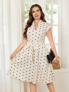 SHEIN Clasi Vestido con cuello en pico con estampado gráfico, volantes y cinturón para tallas grandes - Albaricoque - Ver 7