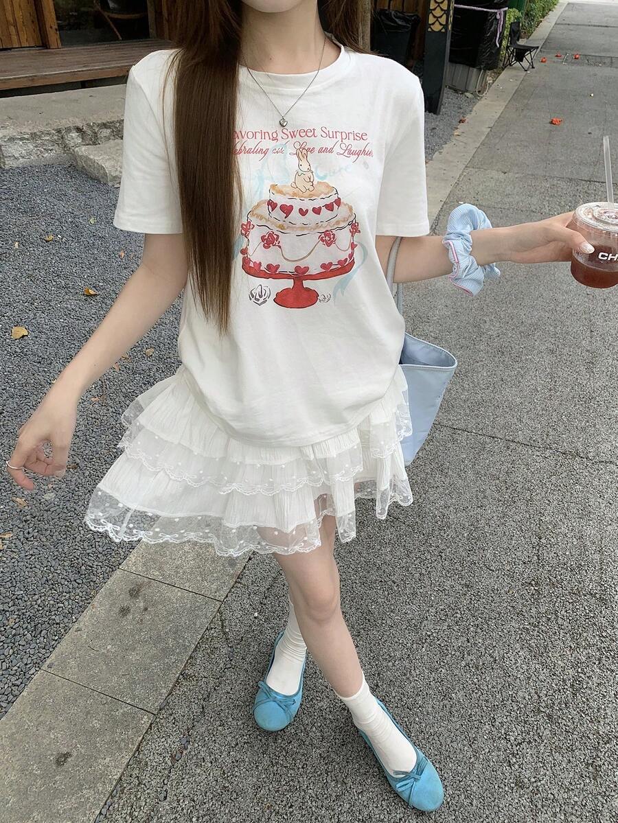 DAZY 女款圆领韩版短袖印花T恤 宽松图案T恤 - 白色 - 查看 1