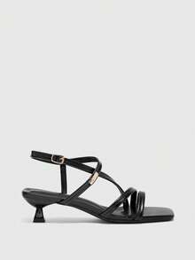 CUCCOO BIZCHIC Giày sandal nữ mùa xuân hè mới màu đen có khóa kim loại, mũi vuông, hở mũi, cao gót, gót mỏng kiểu Pháp, phối cùng váy. - màu đen - Xem 2