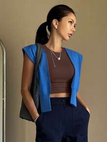 DAZY Women's Solid Color Round Neck Cap Sleeve Cropped Fitted Undershirt Summer - Chocolate Brown - View 3