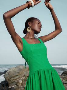 Aveloria Modichic Đầm xanh không tay cổ vuông, thắt eo, thiết kế mới, thời trang, đa năng và tôn dáng. - màu xanh lá - Xem 1