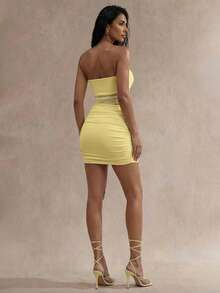 Swim Glamine Women's Vacation Solid Color Twist Bandeau Top And Ruched Mini Skirt Sexy 2 Pieces Set Yellow Dresses For Women Yellow Two Pieces Outfit Women Summer Set - Yellow - View 2