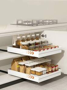Easy-Sliding Cabinet Storage Drawer - Expandable, Fixed With Nano Adhesive Film, Space-Saving, Adjustable, Durable, Easy To Install, Suitable For Kitchen And Living Room Food Storage Rack (With Sliding Rails) White - White - View 6
