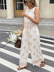 Serisse 女式几何印花吊带背心和裤子两件套，休闲度假装，女式夏季服装，女式两件套裤子，女式夏季服装，波西米亚风女装，春夏，女式夏季服装女式两件套，定位印花设计无袖上衣和阔腿裤套装，后背纽扣装饰设计，高腰松紧带长裤，定位印花竹麻纹理面料，度假和海滩通勤 - 彩色 - 查看 7