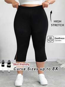 SHEIN CURVE+ 女士纯色休闲修身开衩七分裤，适合运动、商务休闲、外出等场合，风格复古，也适合教师穿着，七分裤款式多样，是夏季女士的理想选择。 - 黑色 - 查看 10