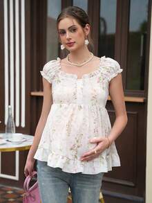 Momance Maternity Top With Wide Strap, Frill Trim, Front Button, Elastic Waist, Gathered Back, Ruffle Hem, Floral Print - White - View 4