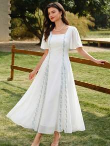 Modelyn Square Neck Chiffon Ruffle Trim Patchwork Short Sleeve Waist Cinched Midi Dress For Women - White - View 3