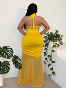 Maweii Vestido elegante de talla grande con cuello de halter, drapeado de malla y cintura anudada - Amarillo - Ver 3