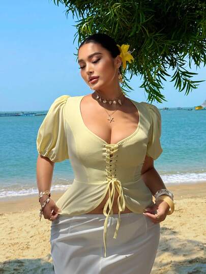 Sunnyshic 女士短袖泡泡袖系带纹理面料甜心领衬衫，时尚度假休闲别致精致黄色日常穿着加大码法式衬衫