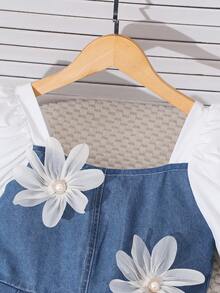 Đầm denim phối nơ mùa hè cho bé gái, tay phồng ngắn, dáng lửng, thích hợp mặc hàng ngày. - Màu xanh lam - Xem 6