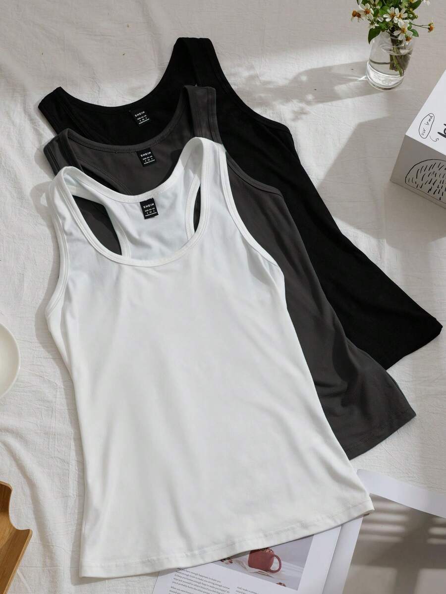 SHEIN EZwear 3件組女款露背細肩帶背心,瑜伽上衣,寬肩帶無袖運動上衣,適合夏季日間室內,白色灰色黑色休閒基礎款 - 彩色 - 查看 1