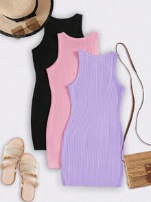 SHEIN Kids 3pcs/Set Teen Girl Solid Color Knit Round Neck Sleeveless Fitted Casual Dress - Purple - View 2