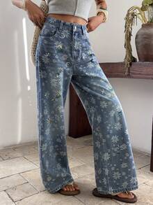 DAZY Quần jeans nữ dáng rộng, in họa tiết hoa lãng mạn, thêu toàn thân. - Màu xanh lam - Xem 3