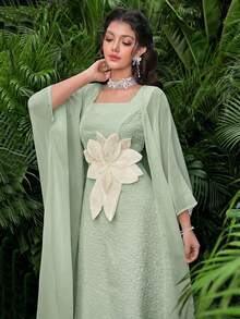 Modelyn Bộ 2 món dành cho nữ, mùa xuân/hè: Áo khoác dài tay bằng vải chiffon dệt màu mơ thanh lịch và váy chữ A không tay bằng vải dệt họa tiết màu mơ, thắt eo, kiểu dáng thanh lịch. - màu xanh lá - Xem 3