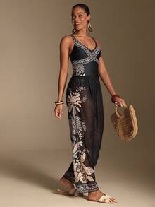 Swim Oasis Bộ áo tắm liền thân hai dây in hình cây cọ thời trang dành cho nữ, kèm quần che ngoài. - Vàng - Xem 5