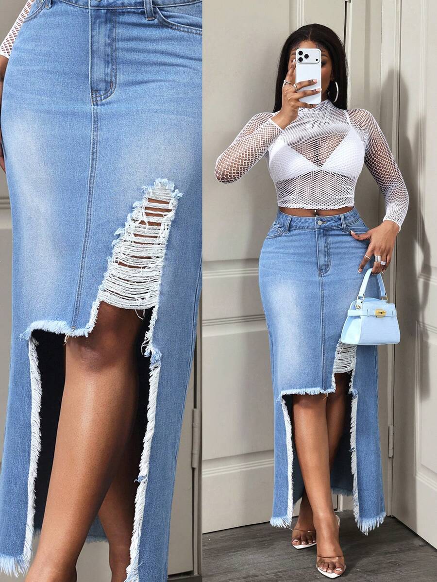 BamGleam Cowgirl, Blue Denim Frayed Hem Sexy Mini Skirt, Spring For Women - Medium Wash - View 1